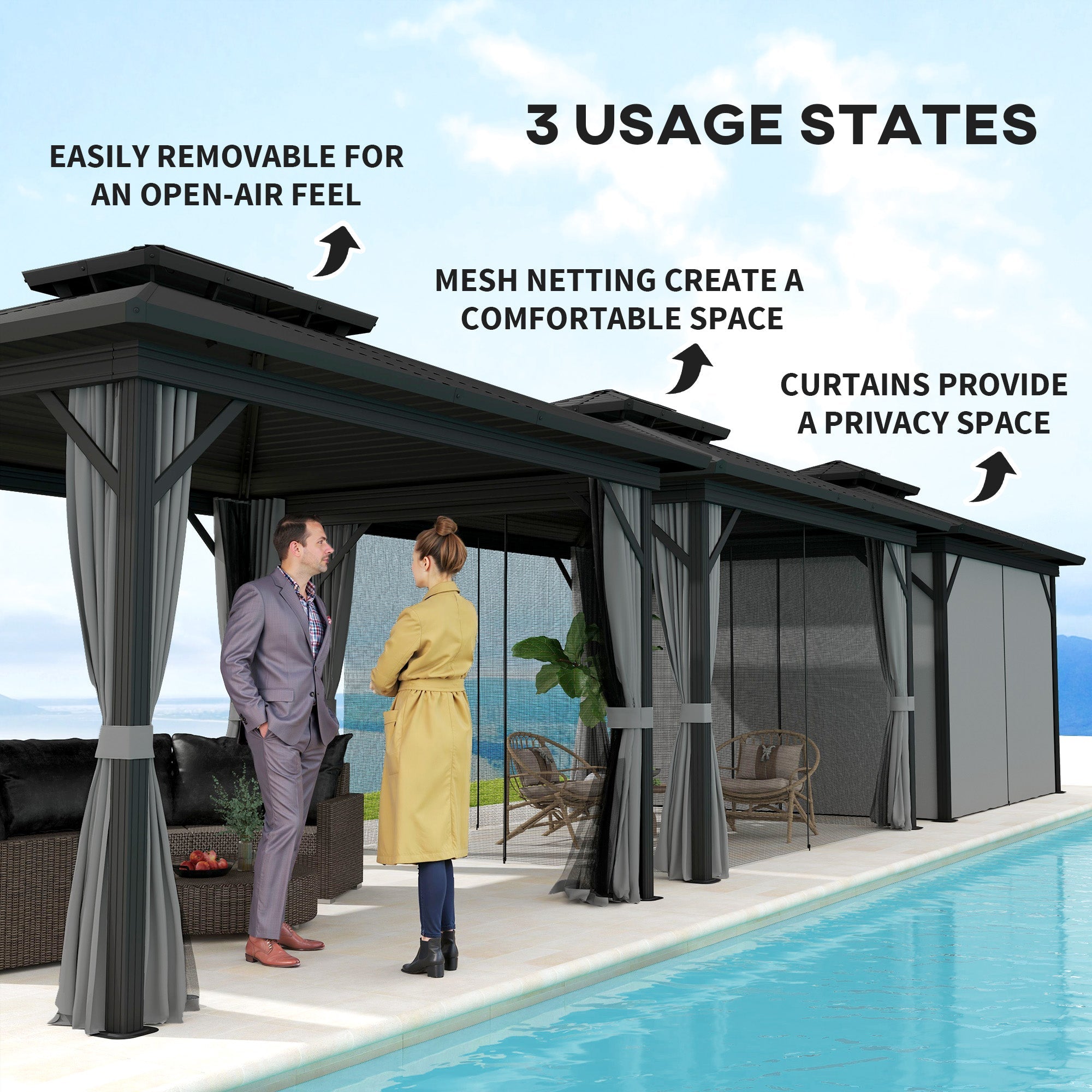 Outsunny 10 x 12ft Canopy Tent, Hardtop Gazebo with 2-Tier Metal Roof & Hanging Hooks for Outdoor Leisure, Light Grey 