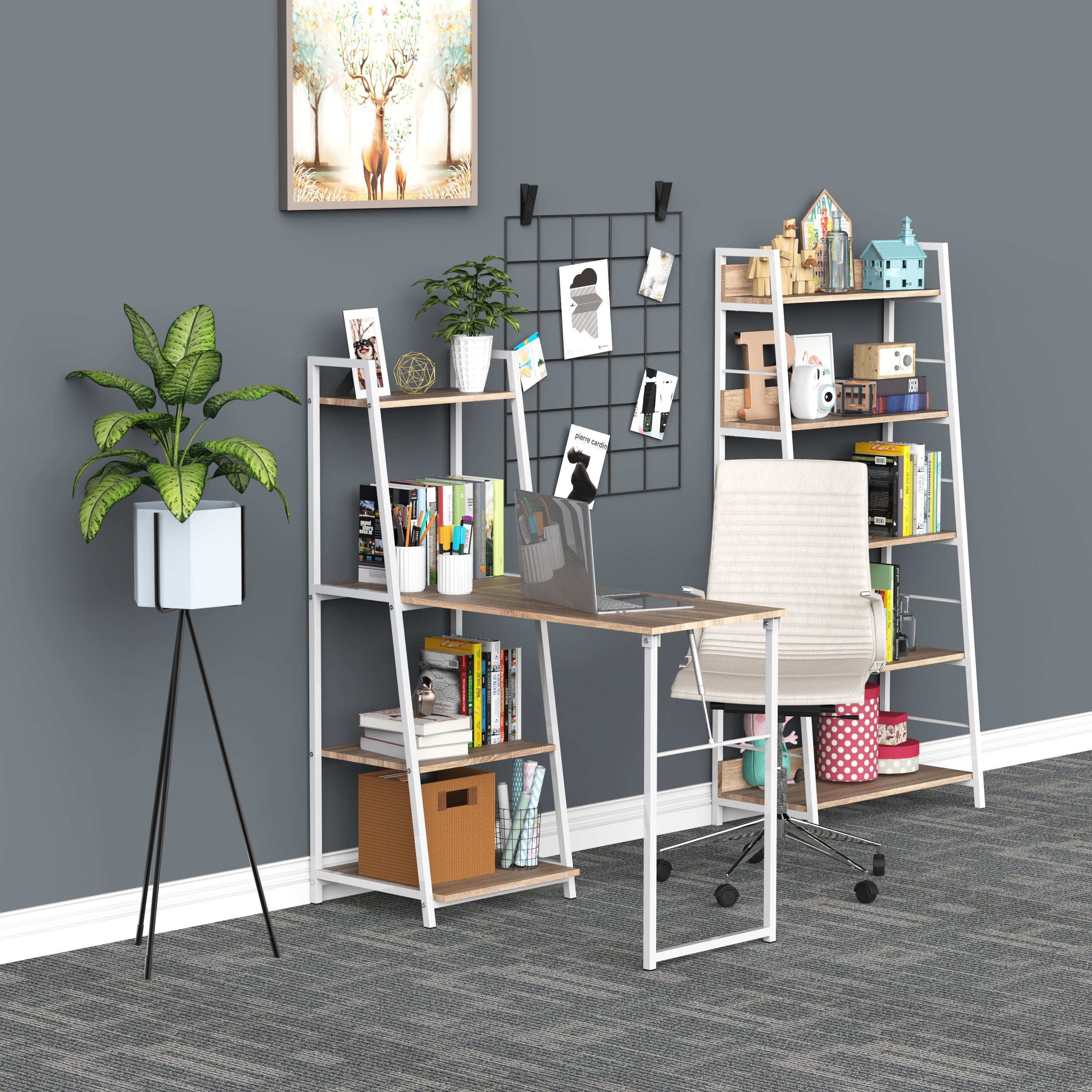 HOMCOM Foldable Computer Desk: Storage Shelves, Home Office Workstation for PC Laptop Gaming, White Natural 