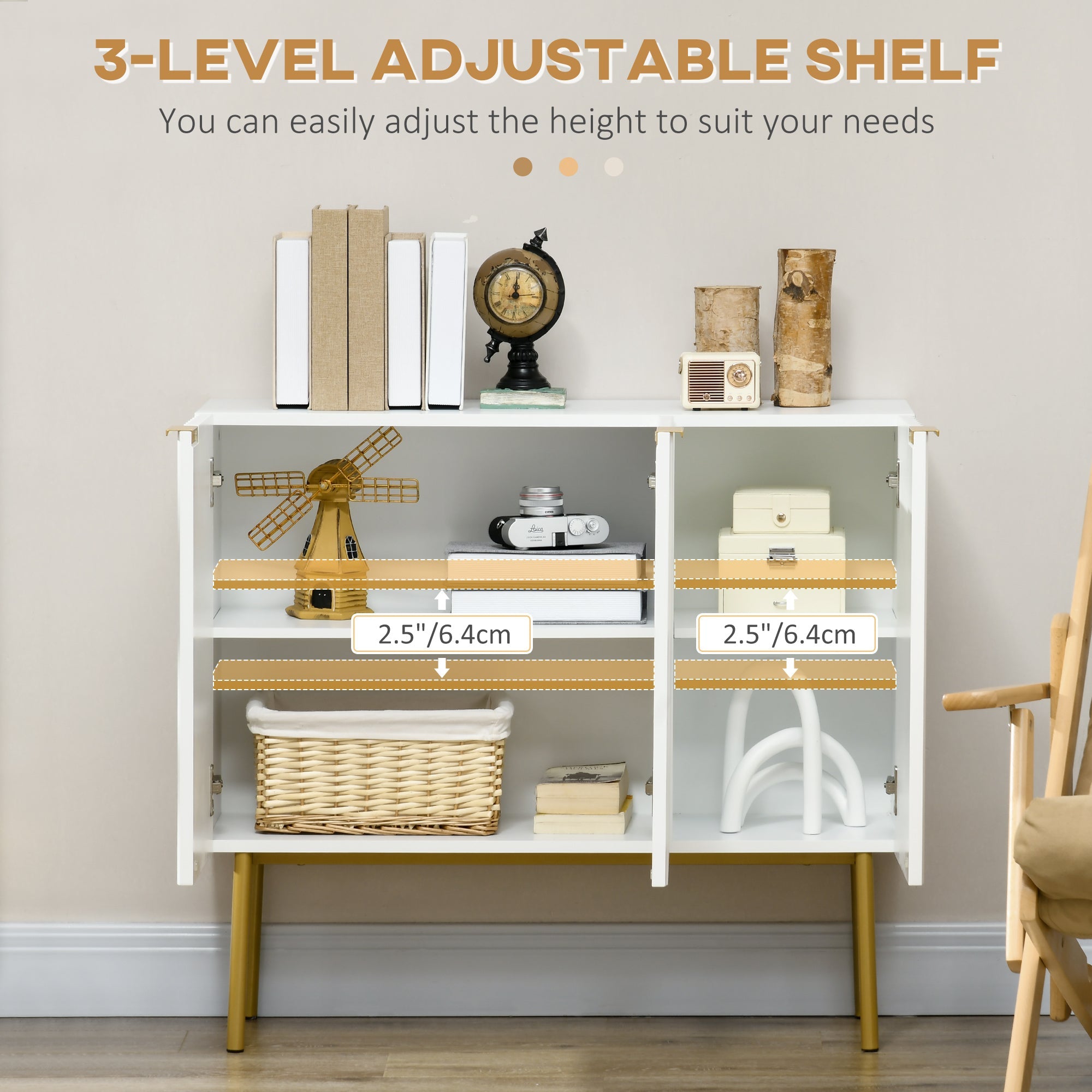 HOMCOM Elegant Storage Cabinet Sideboard with Gold Legs Spacious Buffet for Dining Living Room Hallway White 