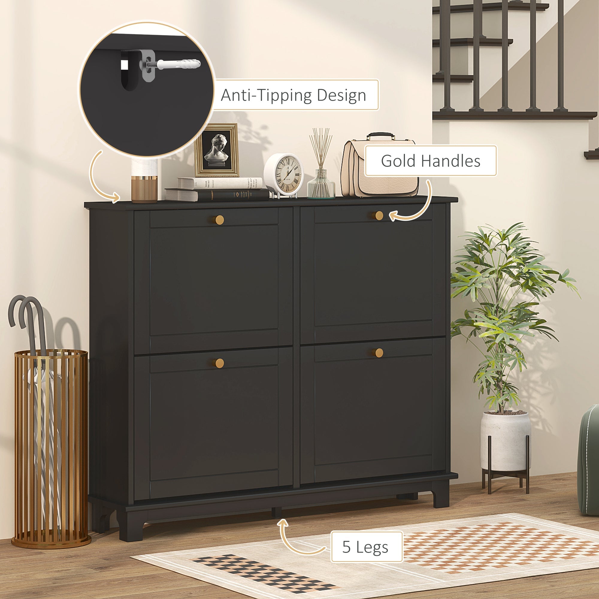 HOMCOM Modern Shoe Storage Cabinet, Narrow Shoe Cabinet with 4 Flip Drawers, Adjustable Shelves, 5 Legs for Entryway, Black 