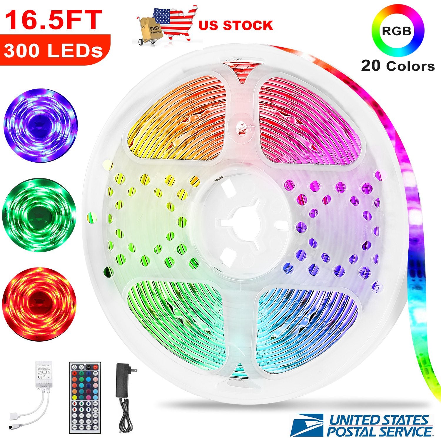 300 LEDs Strip Lights 5M/16.5ft 20 Colors RGB LED Strip IP65 Waterproof w/ Remote