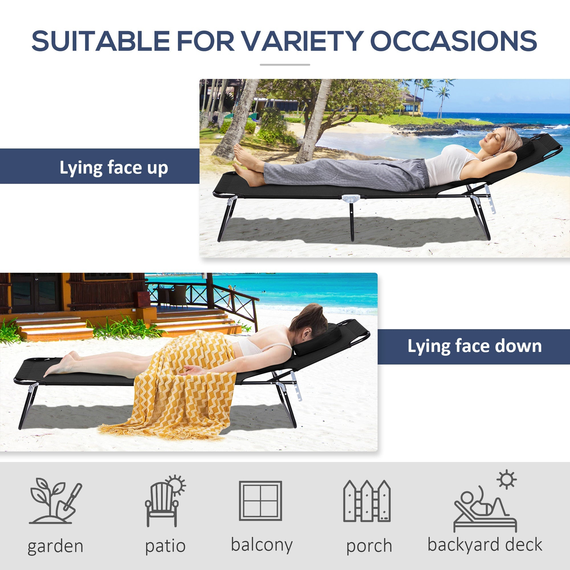 Outsunny Sunbathing Sanctuary: Sun Lounger with Reading Hole, Adjustable Garden Outdoor Reclining Chair, Folding Camping Bed, Black 