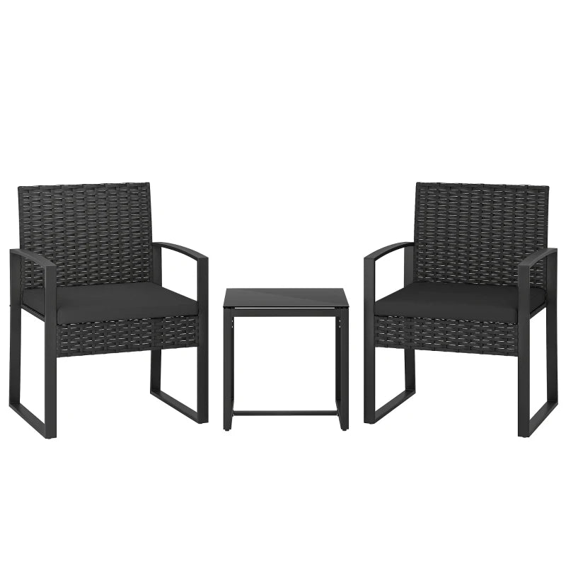 Outdoor Bistro Set, 3 Piece Wicker Patio Furniture Set with Glass Top Table and Cushions for Porch, Balcony, Black
