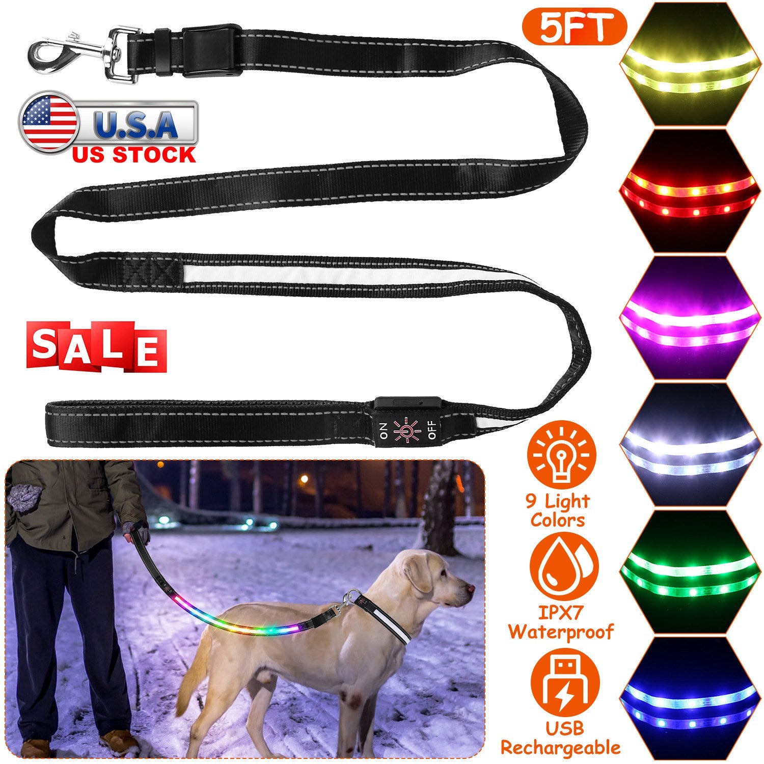 5FT Light Up Dog Leash LED Dog Leash Dog Walking Leash with 9 Light Colors IPX7 Waterproof USB Rechargeable