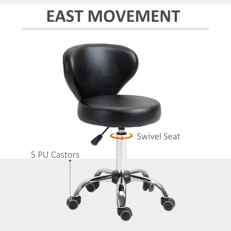 Adjustable Swivel Salon Stool with Backrest and Wheels, Office & Living Room Chair, Synthetic Leather, Black