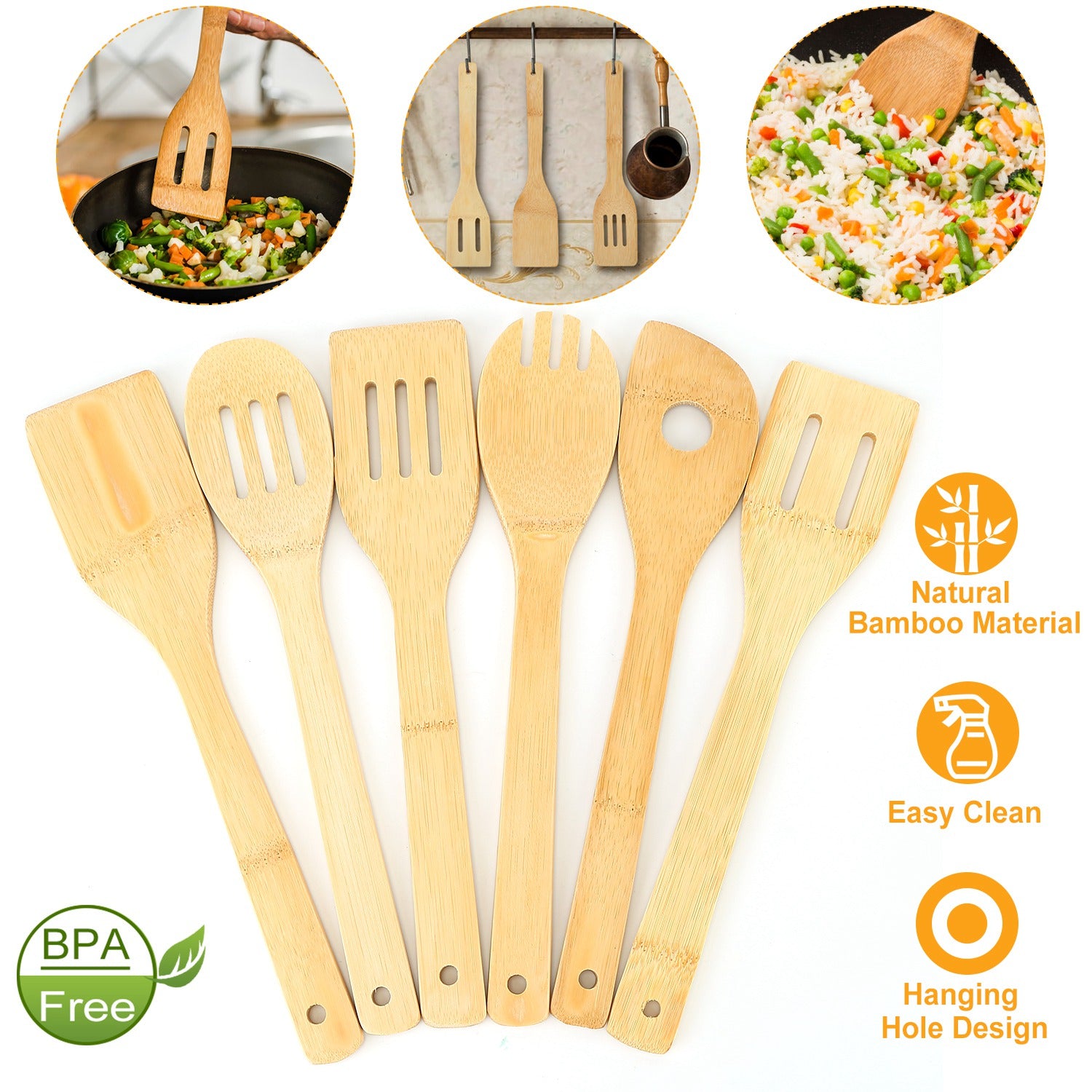 6Pcs Cooking Utensil Bamboo Wooden Spoons Spatula Kitchen Cooking Tools Nonstick Wooden Cookware Kitchen Gadgets 