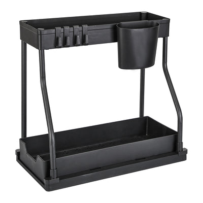 2 Pack 2-Tier Under Sink Organizer L-Shape Sliding Cabinet Organizers Storage Shelves with 8 Removable Hooks 2 Hanging Cups for Bathroom Kitchen Offic 