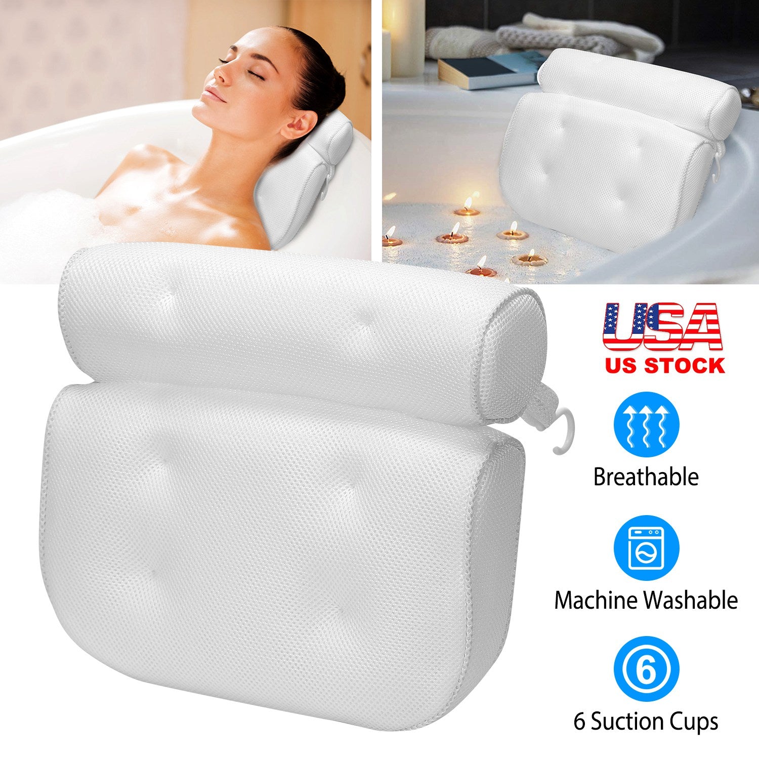 Bathtub Pillow Suction Cup Bath Pillow Air Mesh Breathable Spa Bath Pillow Neck Head Support