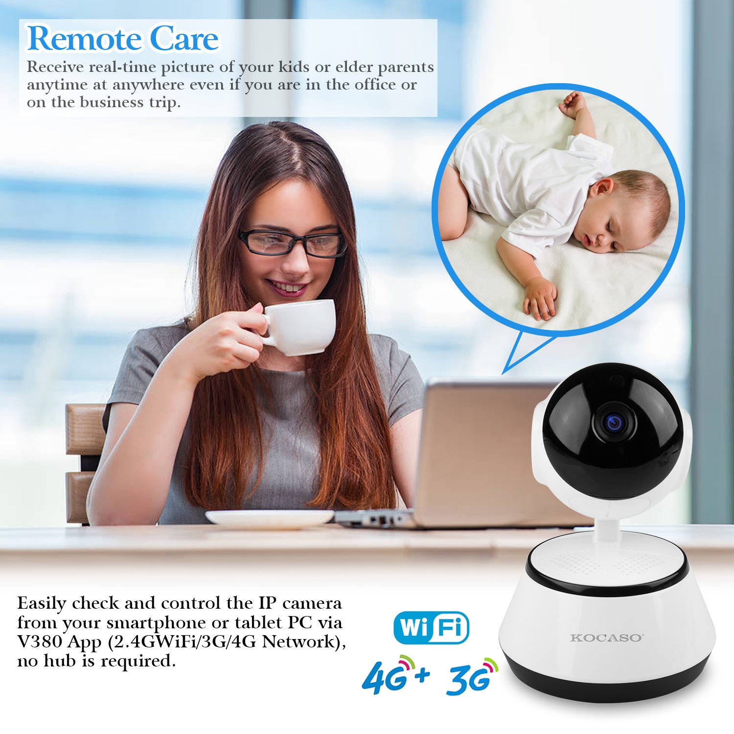 KOCASO 720P WiFi IP Camera Motion Detection IR Night Vision Indoor 360° Coverage Security Surveillance App Cloud Available 