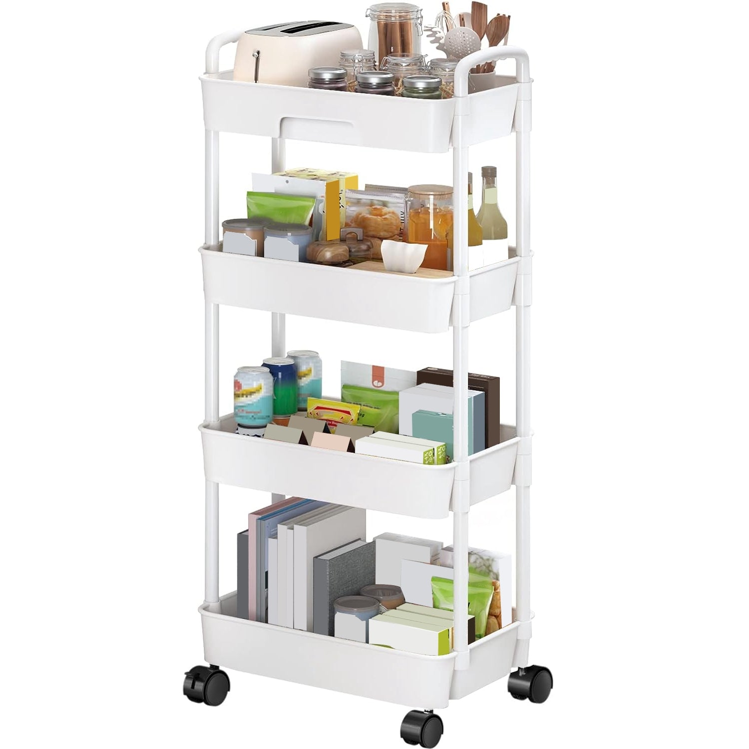 4 Tier Rolling Utility Cart Movable Storage Organizer with Drawer Lockable Wheels 360 Degree Rotatable Hallow Design for Bedroom Bathroom Kitchen 