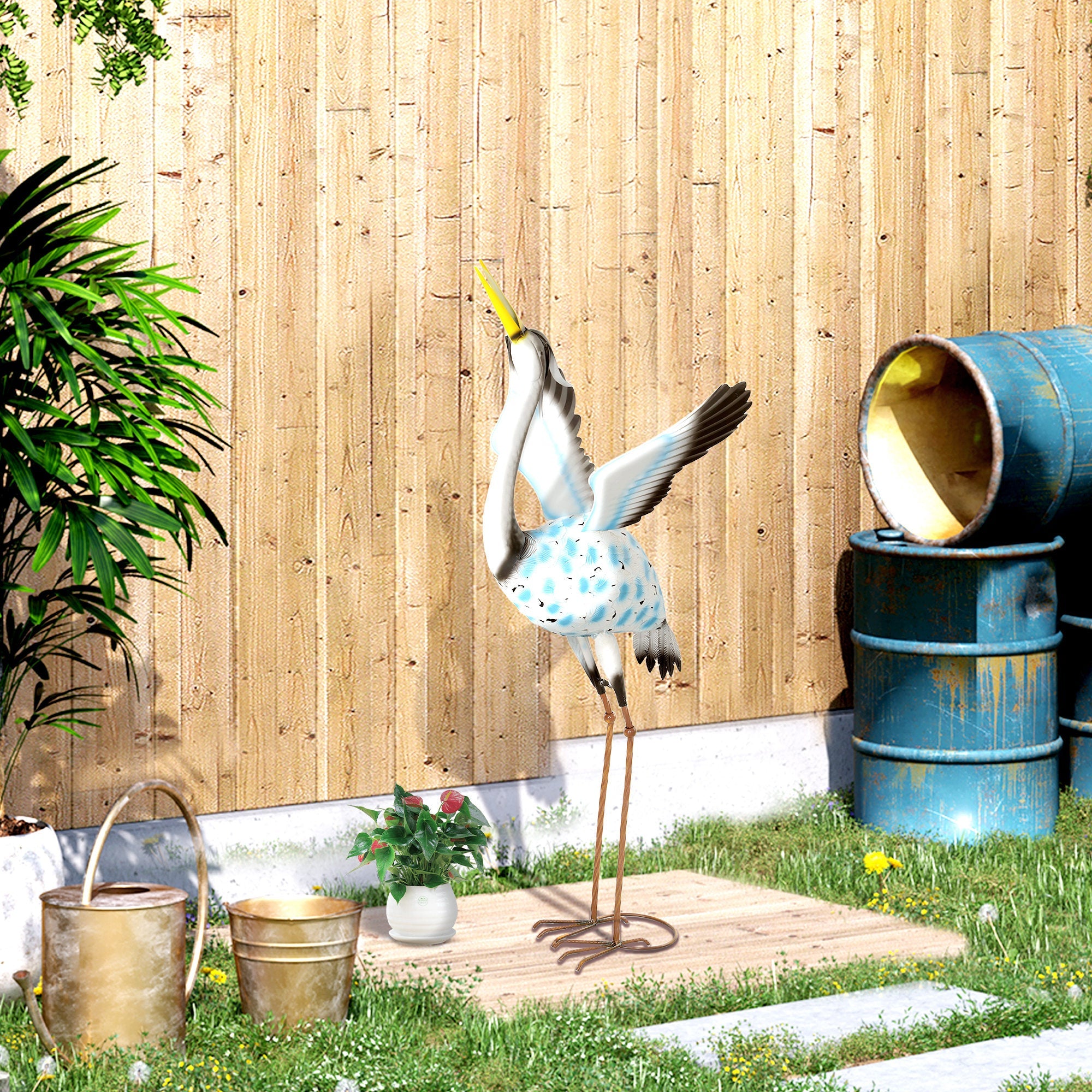 Outsunny Flying Crane Garden Statue, 42.5" Standing Lawn Ornament, Steel Garden Decor Bird Statue with Stakes for Lawn Patio Backyard Decoration, Mixed Colour 