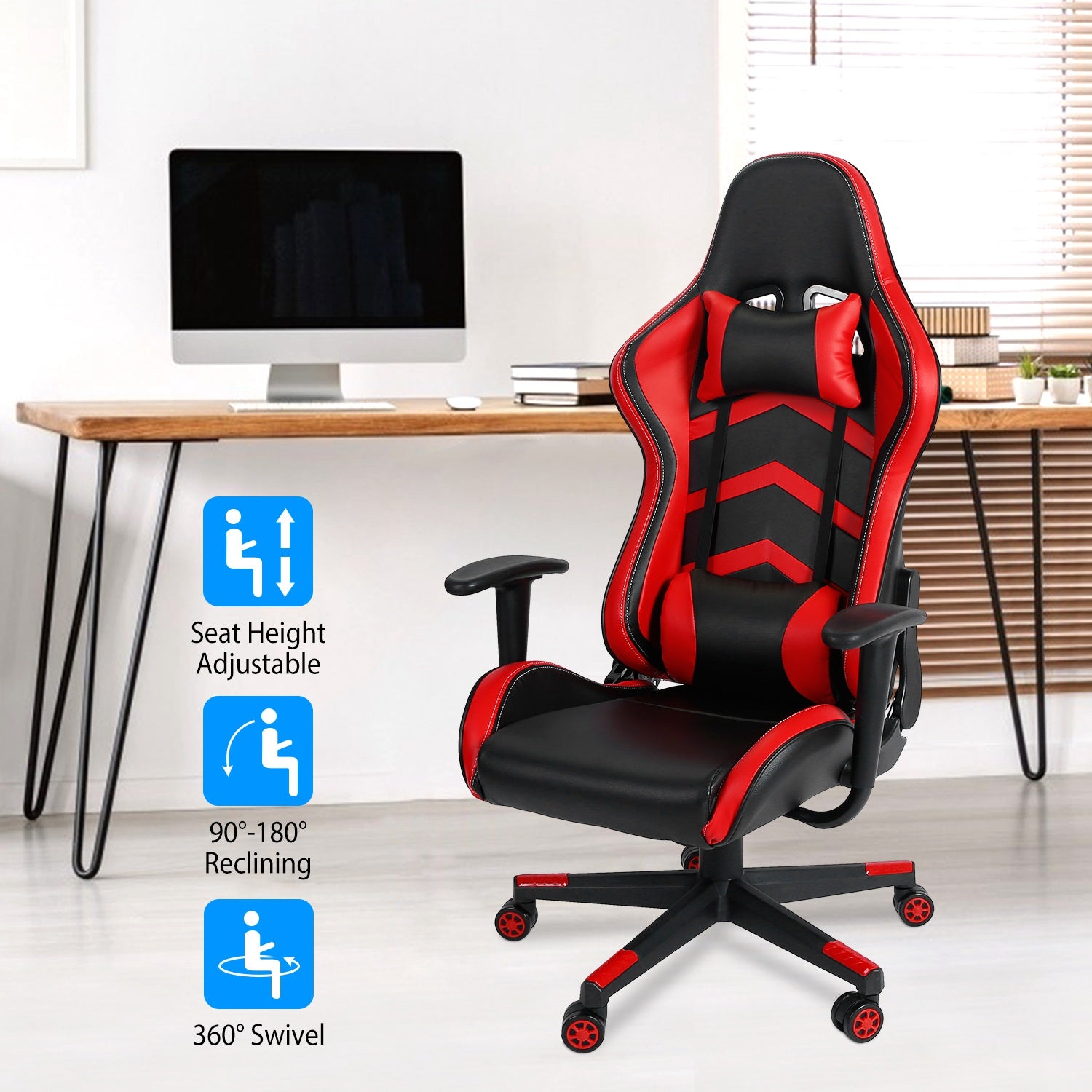 Gaming Racing Chair Ergonomic PC Computer Chair E-Sports Gamer Office Task Swivel Chair w/ Height Adjustment Headrest Lumbar Support 265lbs Load Capac