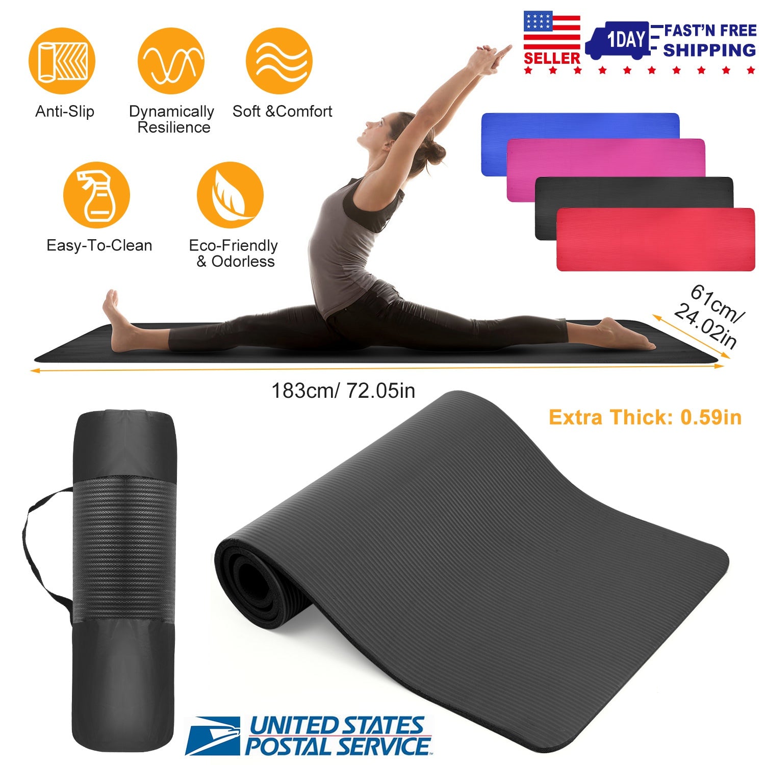 0.6-inch Thick Yoga Mat Anti-Tear High Density NBR Exercise Mat Anti-Slip Fitness Mat for Pilates Workout Cushion w/Carrying Strap Storage Bag