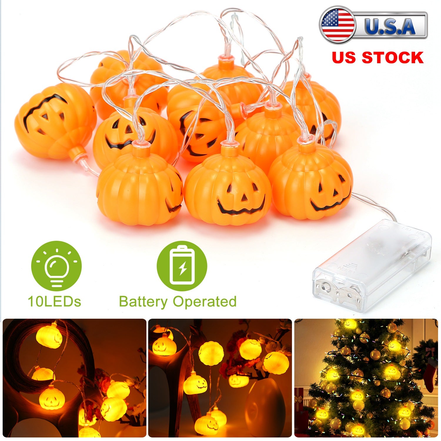 Halloween String Lights 59IN Total Length Pumpkin LED Lamps Battery Powered Decorative Holiday Lights For Indoor Decor