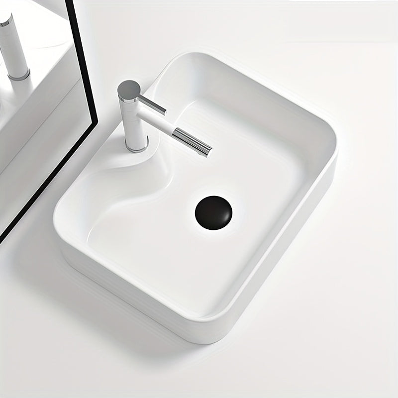 Modern Rectangular White Bathroom Sink with Golden Accents – Artistic Vanity Basin Featuring Black and Golden Faucets, Spacious Design for Contemporary Bathrooms, Stylish Washbasin | Sophisticated Style | Clean Lines, Bathr 