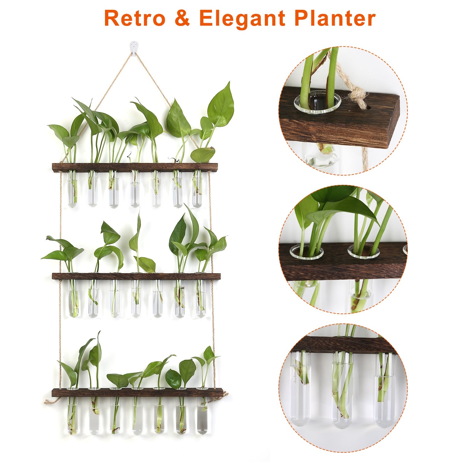 3-Tier Wall Hanging Planter Glass Hydroponic Vase Plant Flower Propagation Tube Planter Terrarium with Wooden Stand 