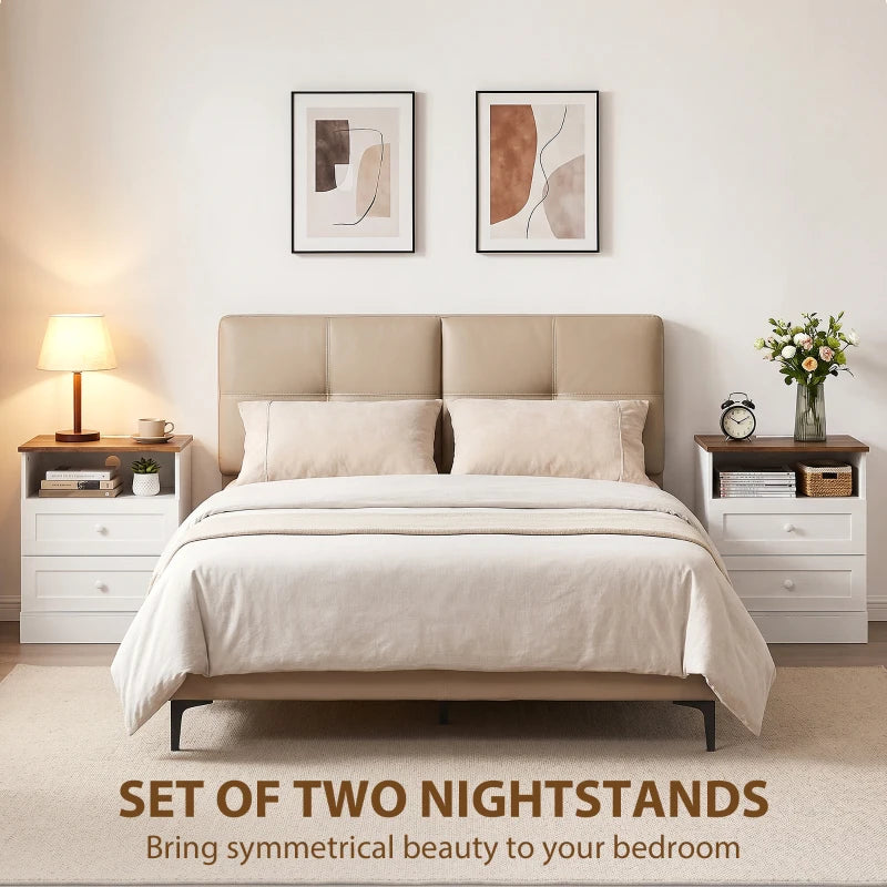 HOMCOM Nightstand Set of 2 with Charging Station, Bedside Tables with 2 Drawers, Open Shelf, AC Outlets, USB & USB-C Ports, White & Oak