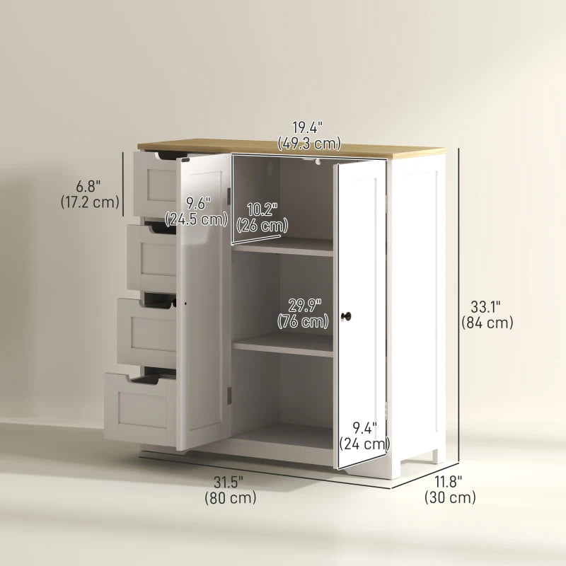 Freestanding Bathroom Floor Cabinet, Modern Bathroom Cabinet with Adjustable Shelf, 4 Drawers and 2 Doors, White