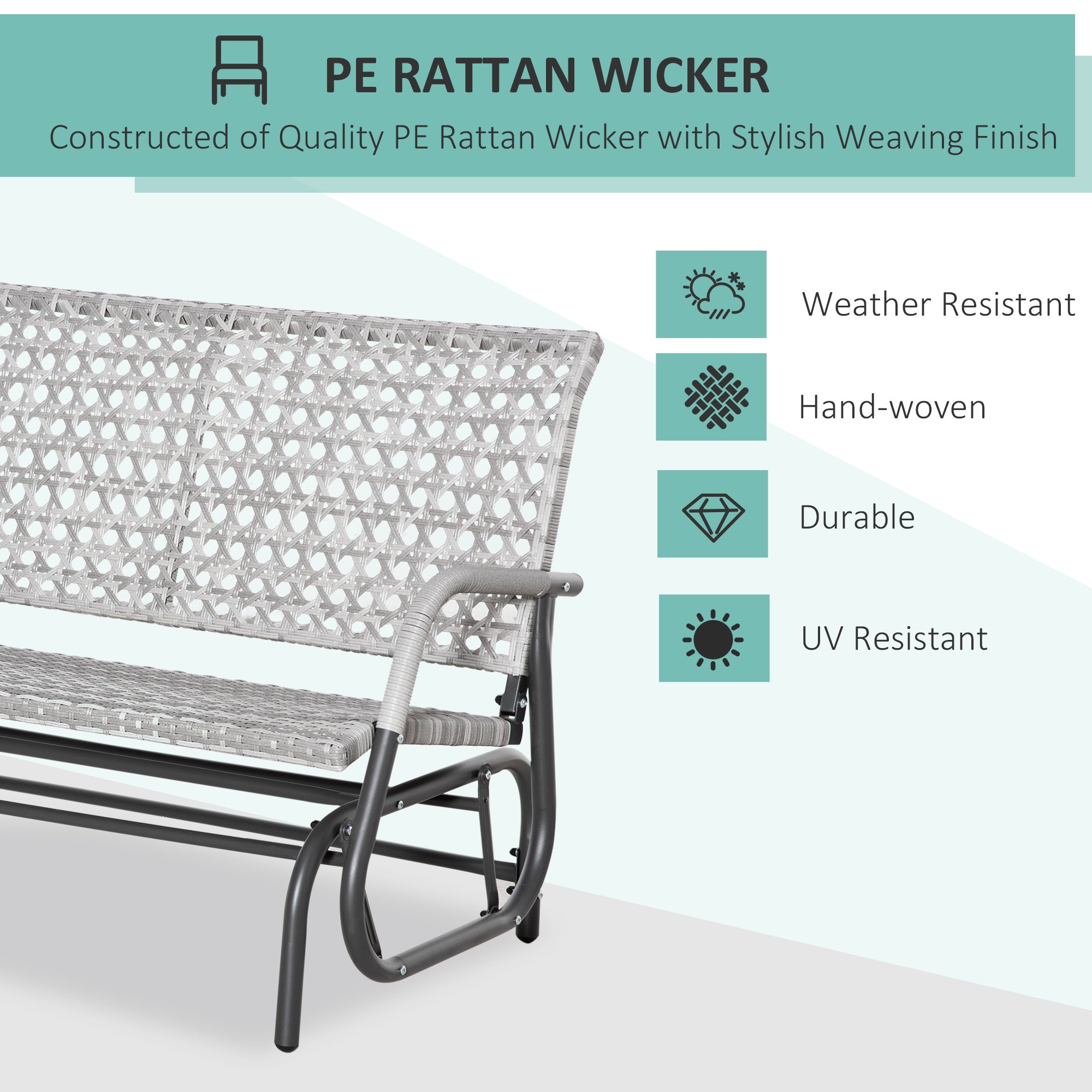 Outsunny 2-Person Outdoor PE Rattan Swing Glider Chair, Patio Garden Loveseat Rocking Bench, w/ Extra Wide Seat & Curved Backrest 