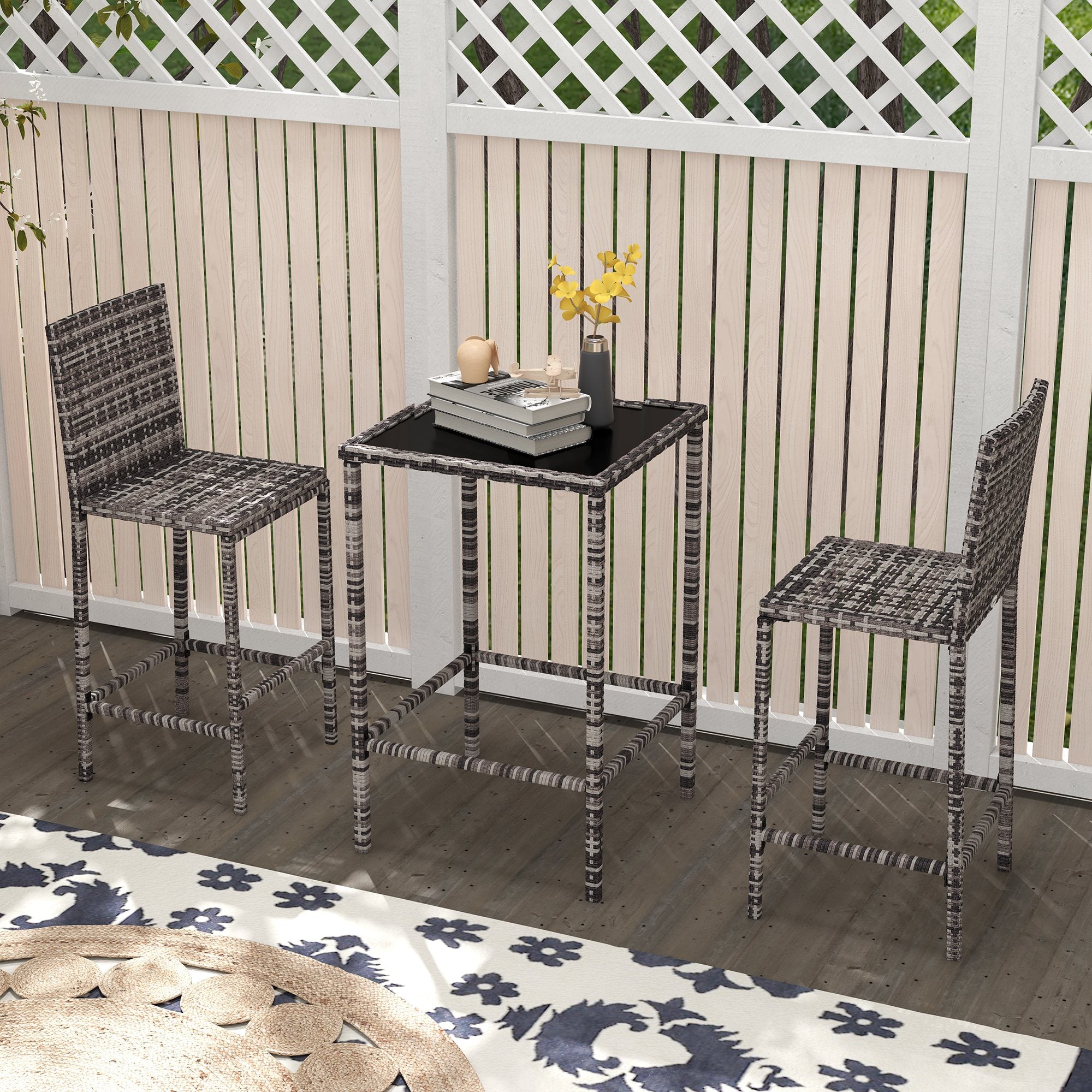 Outsunny 3 Piece Patio Bar Set Wicker Rattan Bistro Set Barstool and Table Patio Backyard Balcony Poolside Grey 