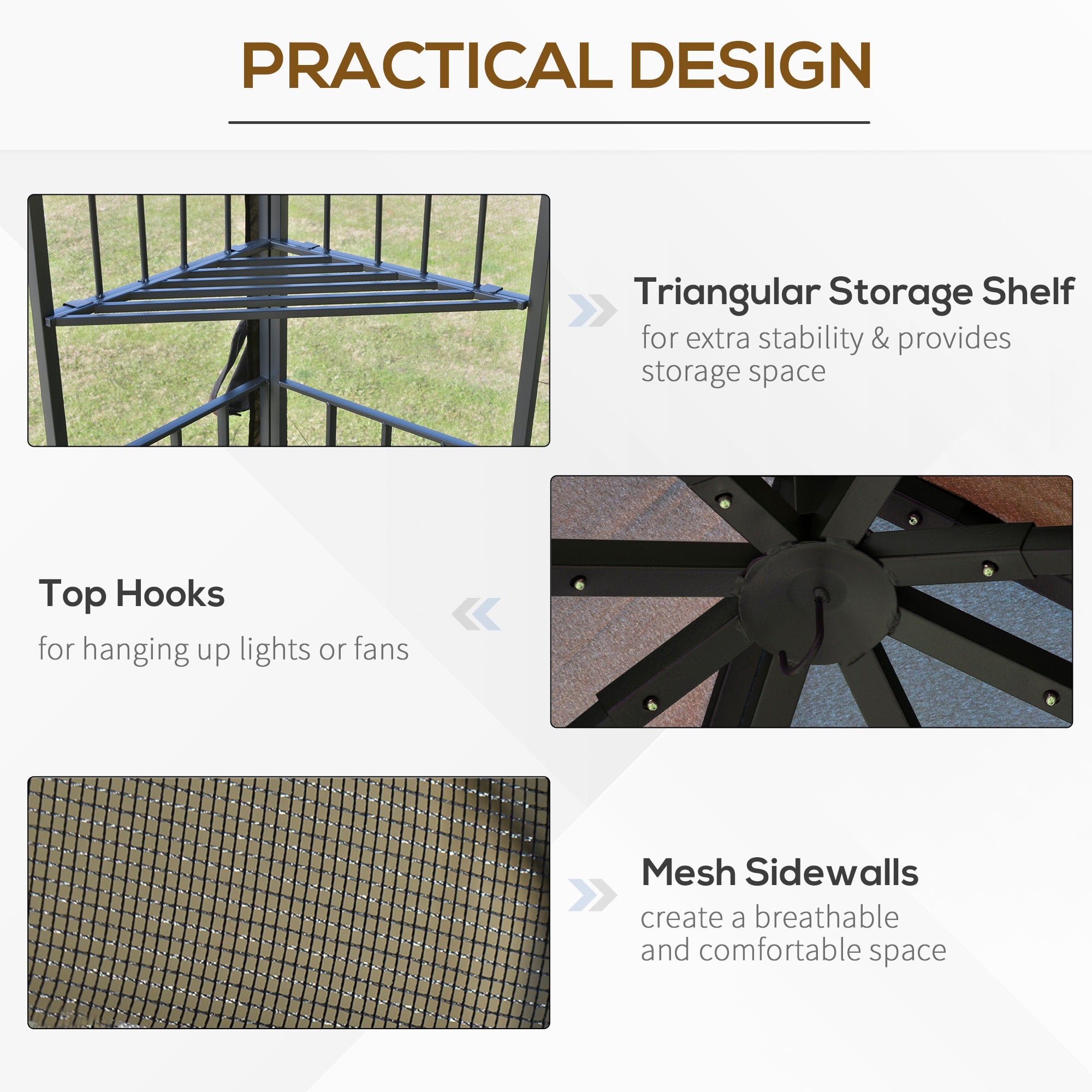 Outsunny 10'x10' Soft-top Patio Gazebo Deck Canopywith Double Tier Roof, Removable Mesh Curtains, Display Shelves, Top Hooks, Coffee 