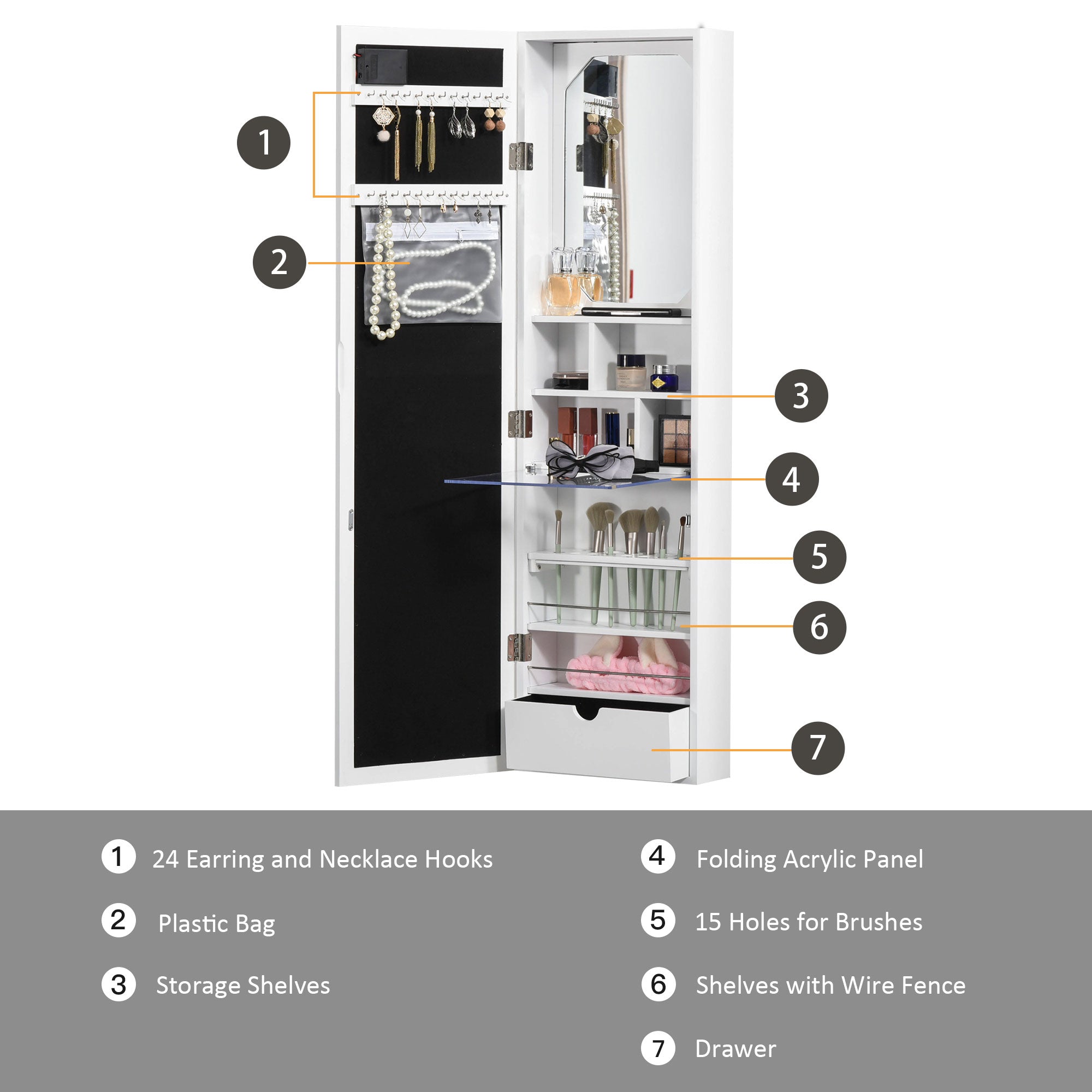 HOMCOM Wall-Mount Jewelry Cabinet: With 18 LED Lights, Mirror, 3 Adjustable Heights, White 