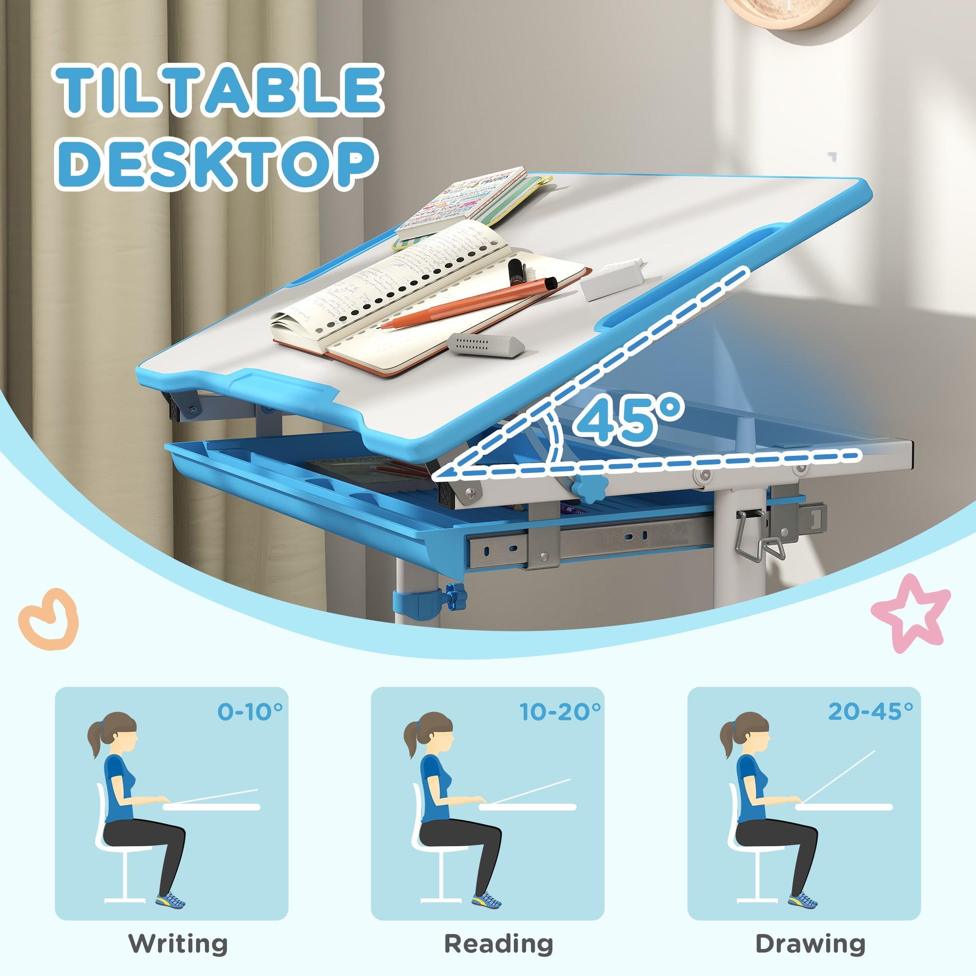 Qaba Height Adjustable Study Table and Chair Set with Drawer, Pen Slot, Tiltable Desktop, Hook, Blue 