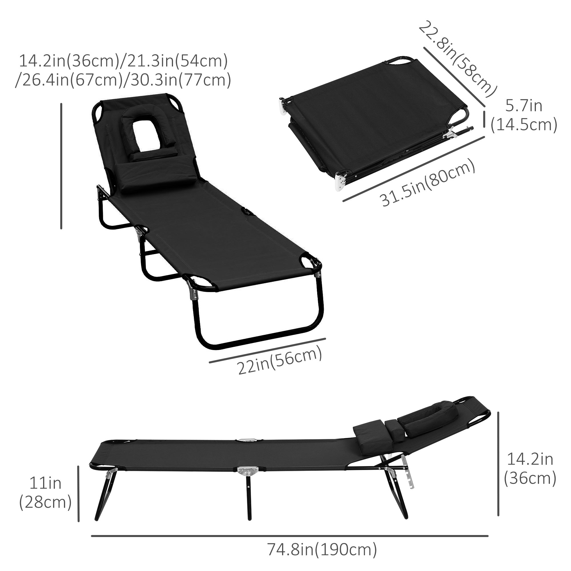 Outsunny Sunbathing Sanctuary: Sun Lounger with Reading Hole, Adjustable Garden Outdoor Reclining Chair, Folding Camping Bed, Black 