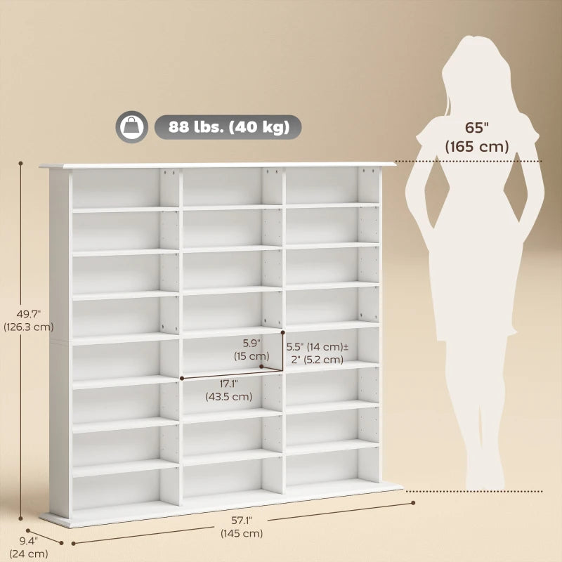 Media Storage Cabinet, 8-Tier DVD Shelf with 18 Adjustable Shelves, Holds 1032 CDs, 594 DVDs or Blu-rays, White