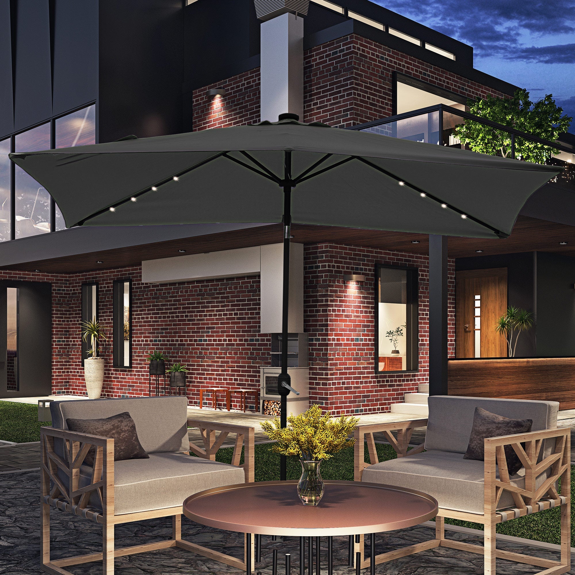 Outsunny 6x10FT Rectangular Patio Umbrella: Solar LED Lights Tilt Crank Outdoor Shade Dark Grey 