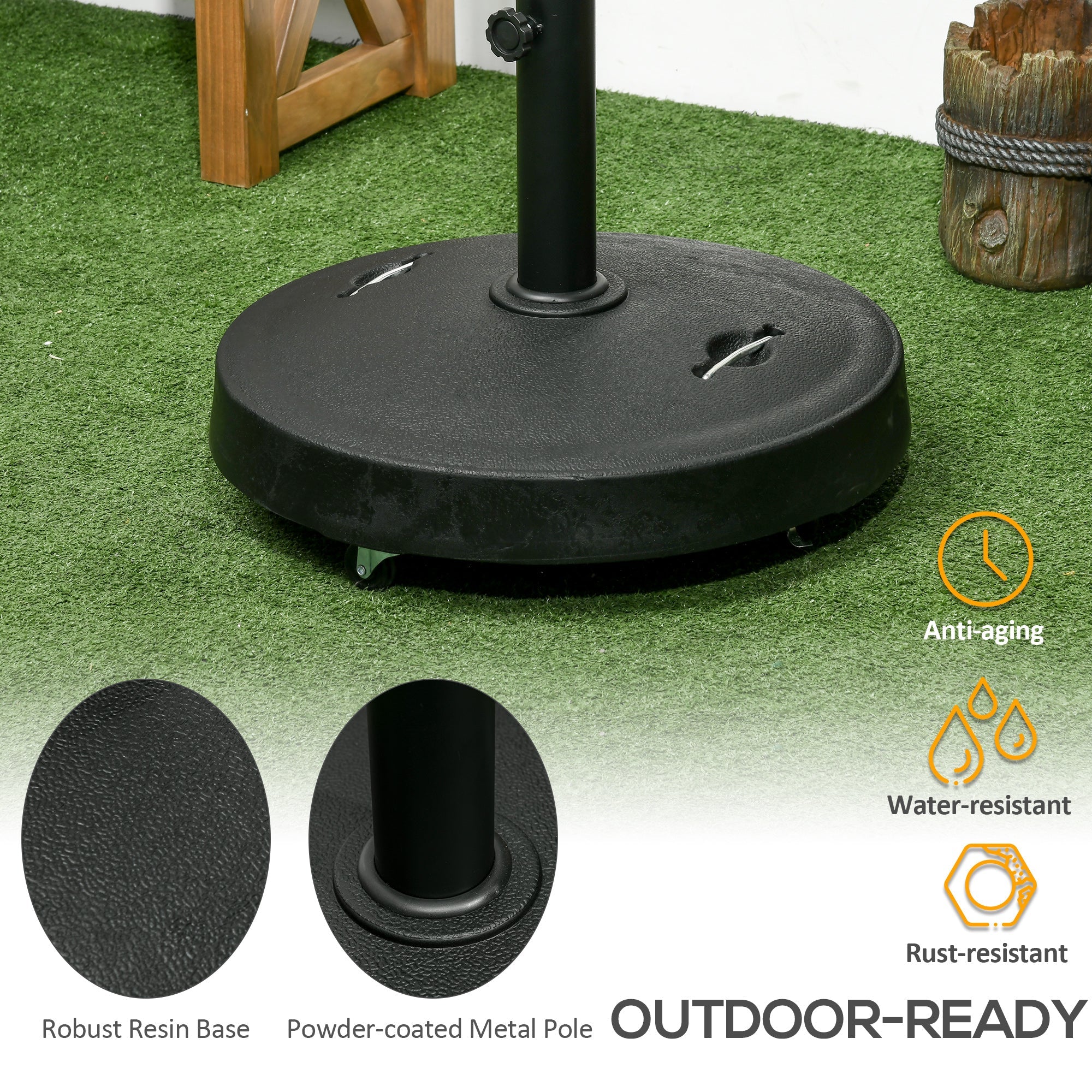 Outsunny Patio Umbrella Stand 20.9" Round with Lockable Wheels 51lb Heavy Duty Base Black 