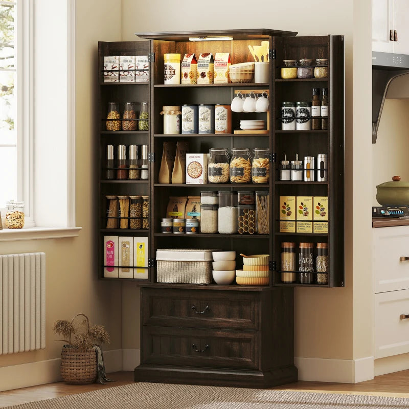 72" LED Kitchen Pantry Cabinet, Buffet Storage Cabinet with 10 Door Shelves, 2 Drawers and Adjustable Shelves, Brown