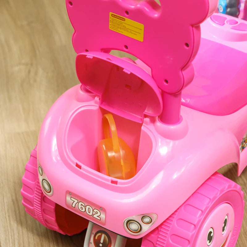 Qaba Toddlers Push Car with Horn, Light, Music, Anti-Over-Backwards Device, Steering Wheel, Under Seat Storage, Pink