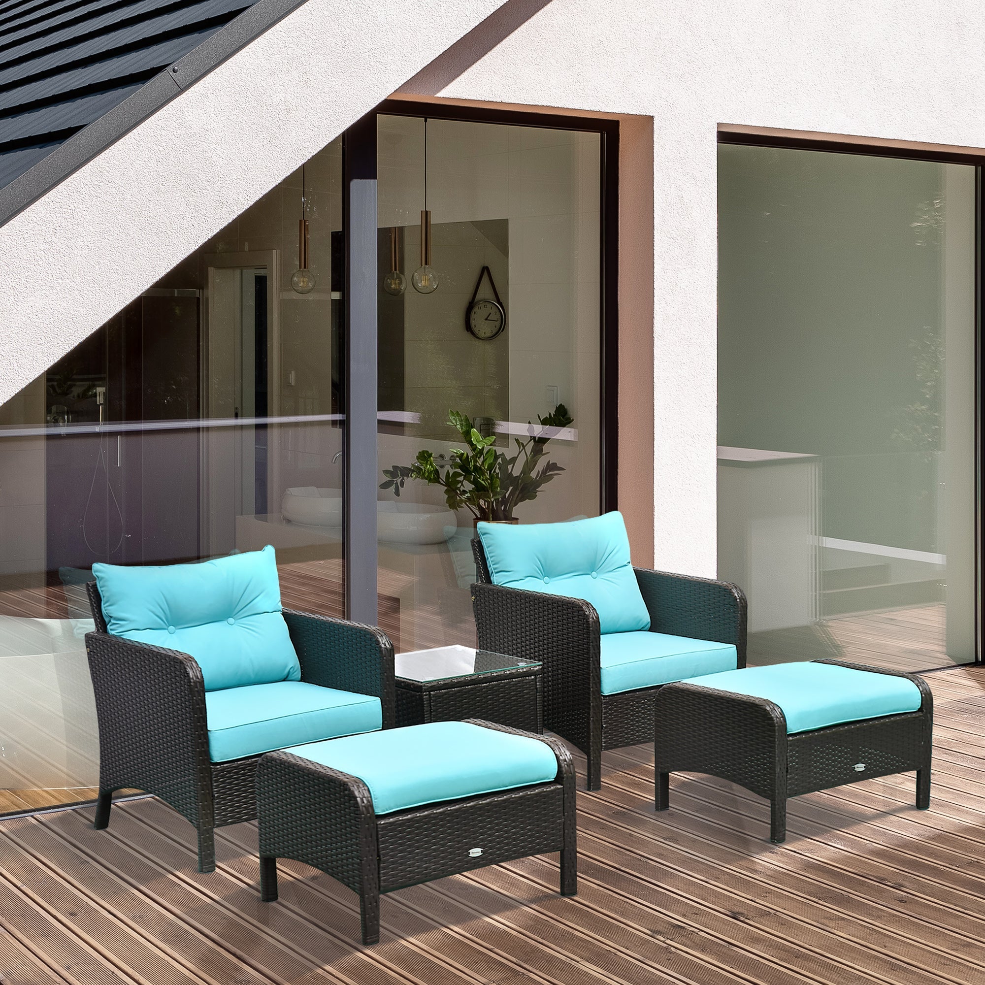 Outsunny 5pc Patio Rattan Coffee Set Garden Wicker Bistro Ottoman Yard Sofa Armchairs Tea Table Brown 