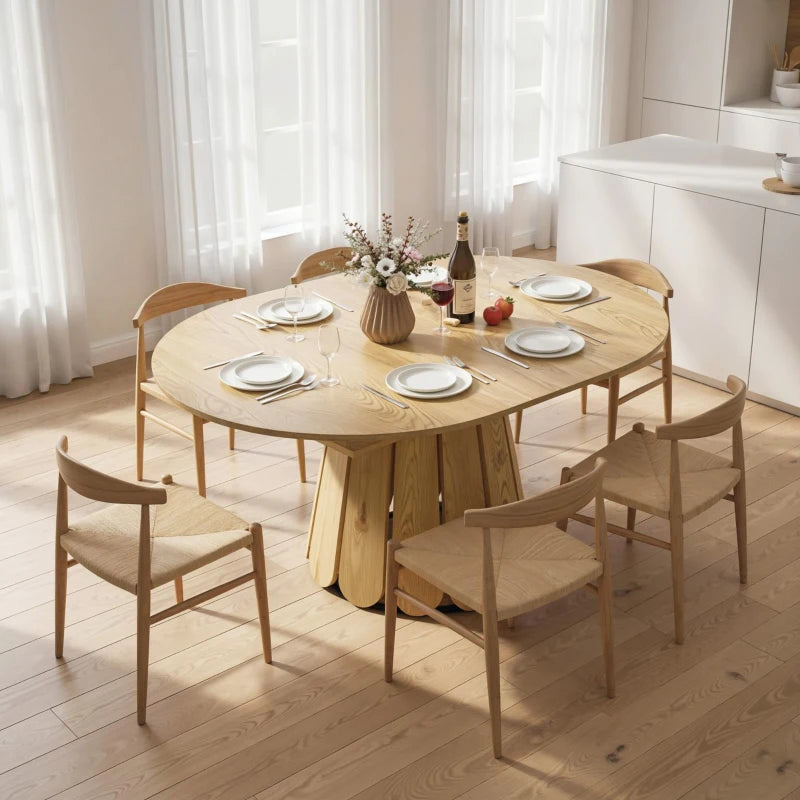 Extendable Dining Table, Round to Oval Convertible Kitchen Table with Storage Shelf for Dining Room, Natural