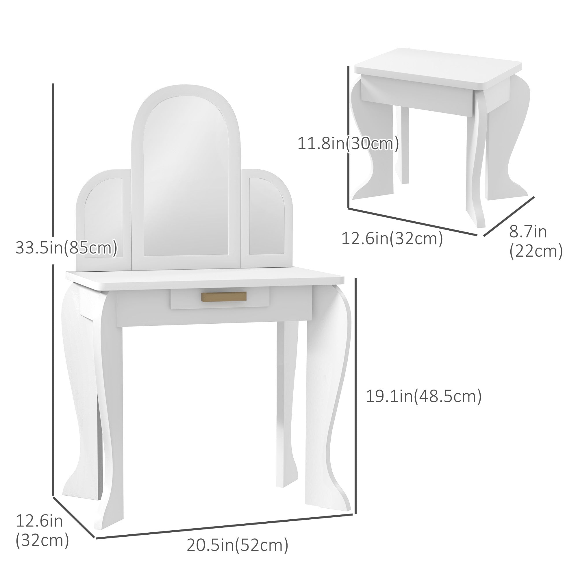 Qaba Kids Dressing Table and Chair Set, Girls Dressing Set, Makeup Desk with Drawer for 3-6 Years Old Kids, White 