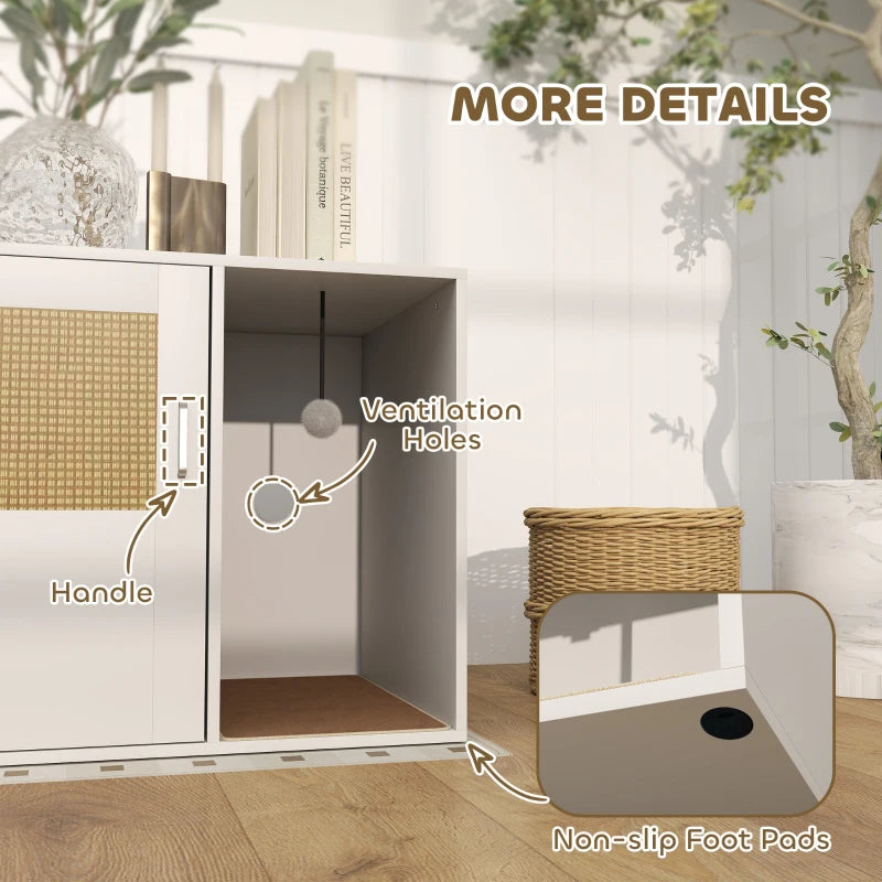 Cat Litter Box Enclosure, Cat Washroom End Side Table with Rattan Door, Scratching Pad, Non-slip Foot Pads, White