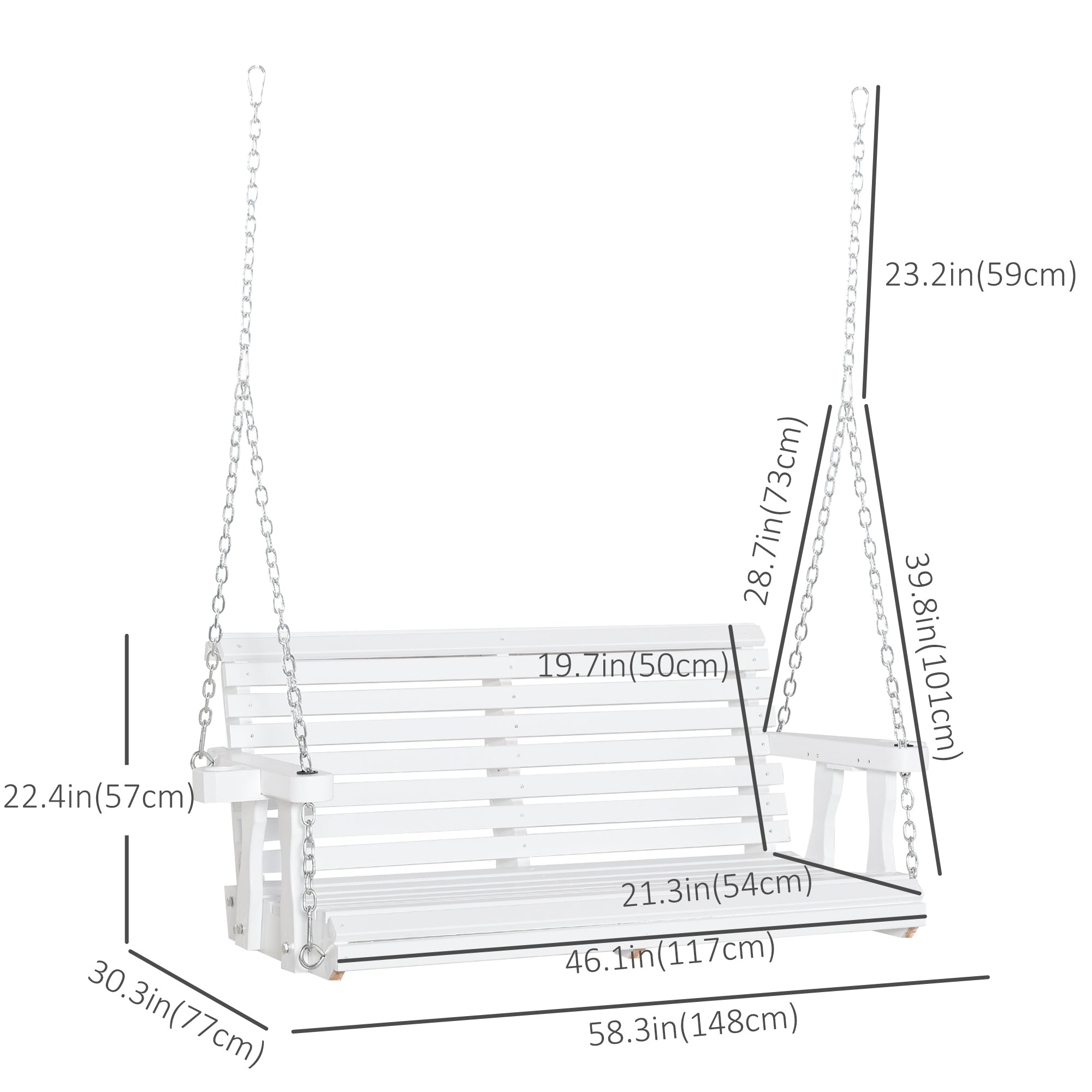 Outsunny 46" 2-Person Outdoor Porch Swing Bench with 2 Built-In Cup Holders & Chains Included, 550lb Weight Capacity, White 
