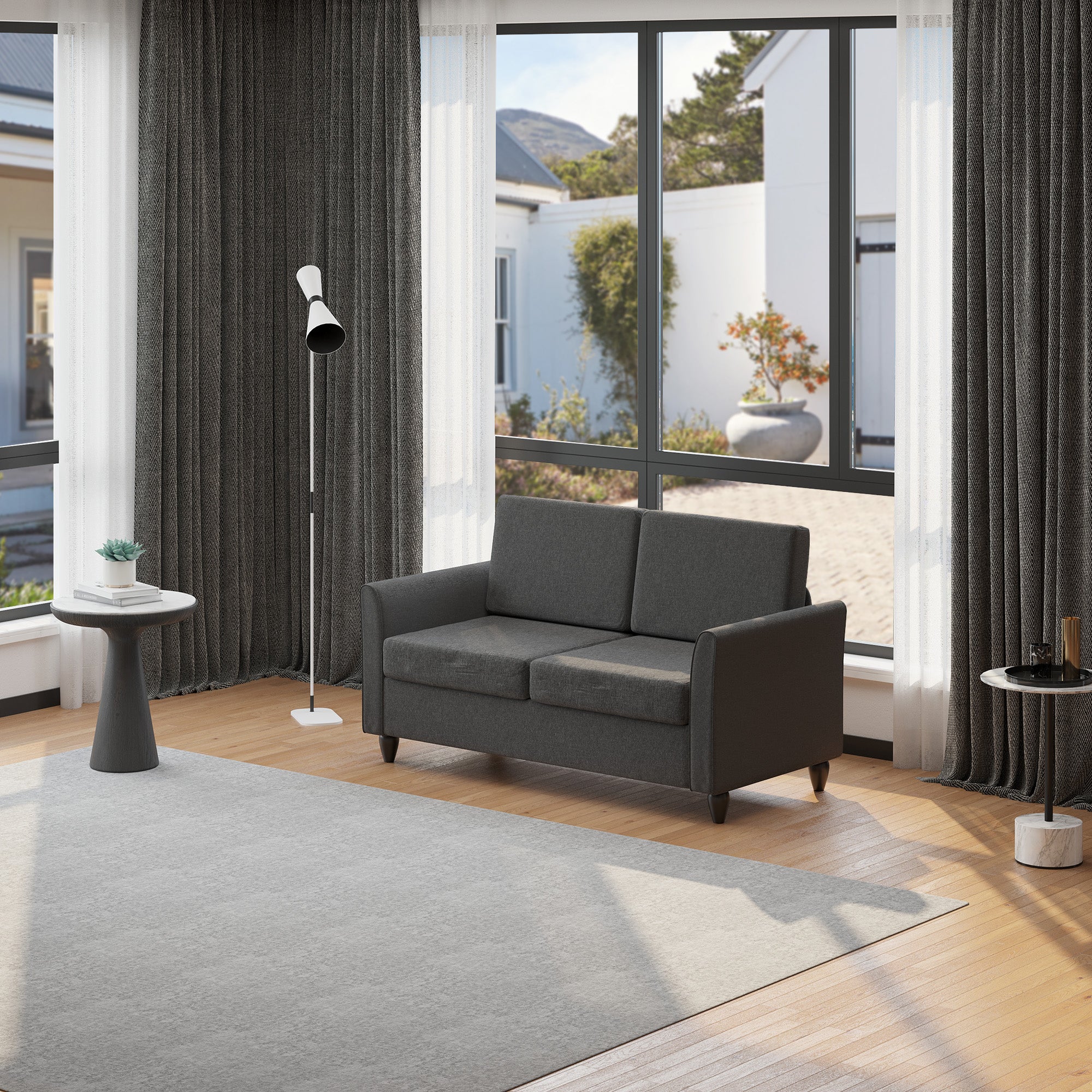 HOMCOM 55" Upholstered Double Sofa: With Armrest, Sturdy Wood Legs for Living Room Furniture, Dark Grey 