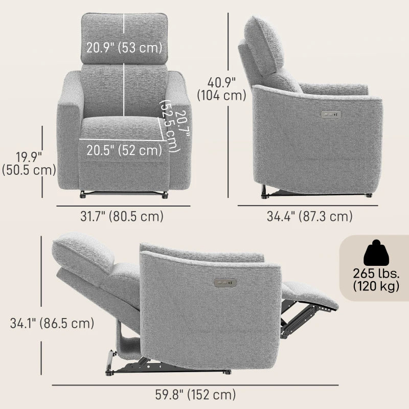 Power Recliner Chair, Linen-look Fabric Upholstered Recliner Chair with USB Ports, Footrest, Grey