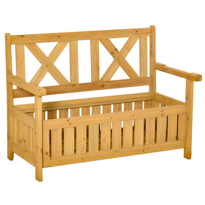 Outsunny Wooden Outdoor Storage Bench 2-Person Patio Bench with Louvered Side Panels and X-Shape Back for Garden, Patio, Natural 
