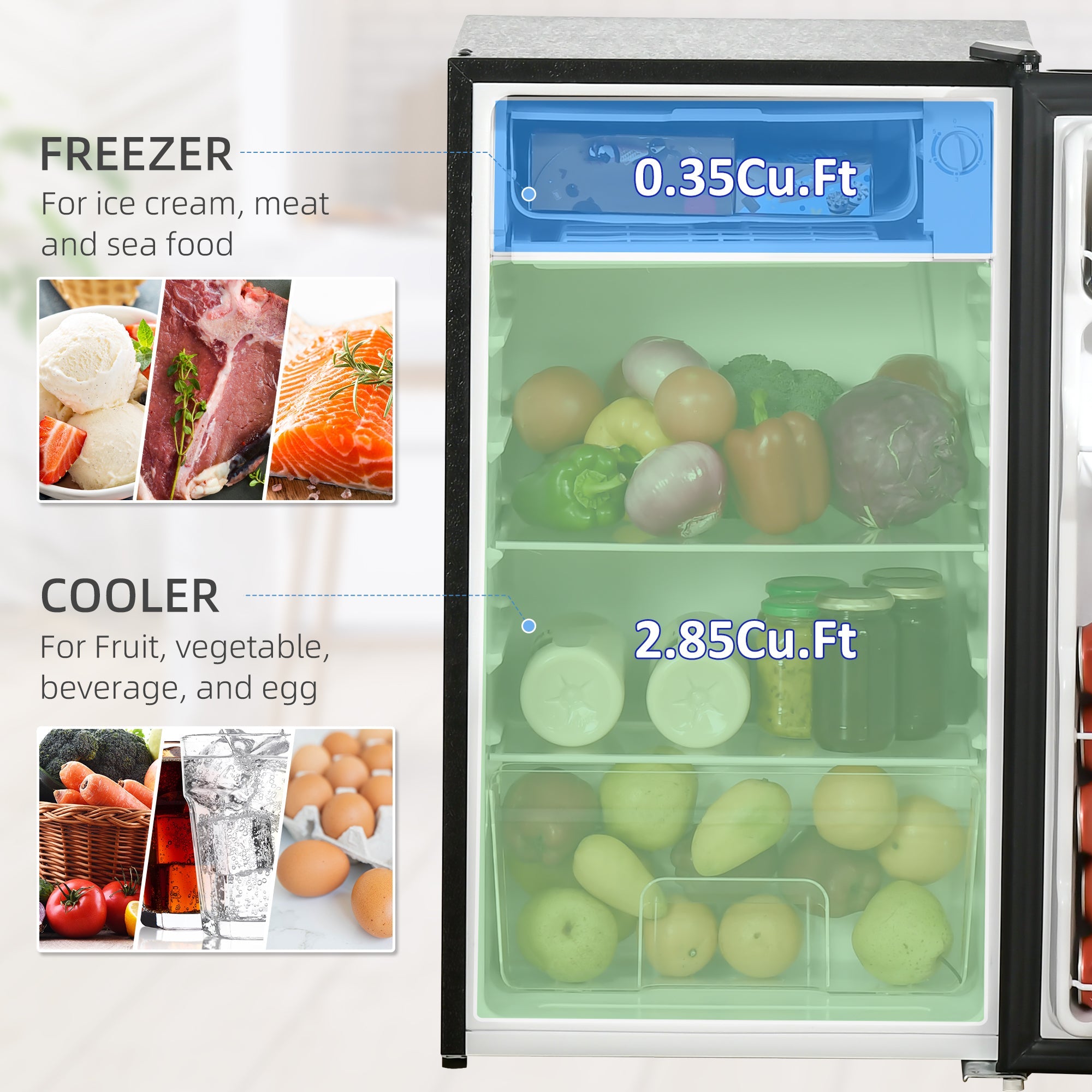 HOMCOM 3.2 Cu.Ft Mini Fridge with Freezer Compact Refrigerator Adjustable Shelf Mechanical Thermostat Reversible Door 