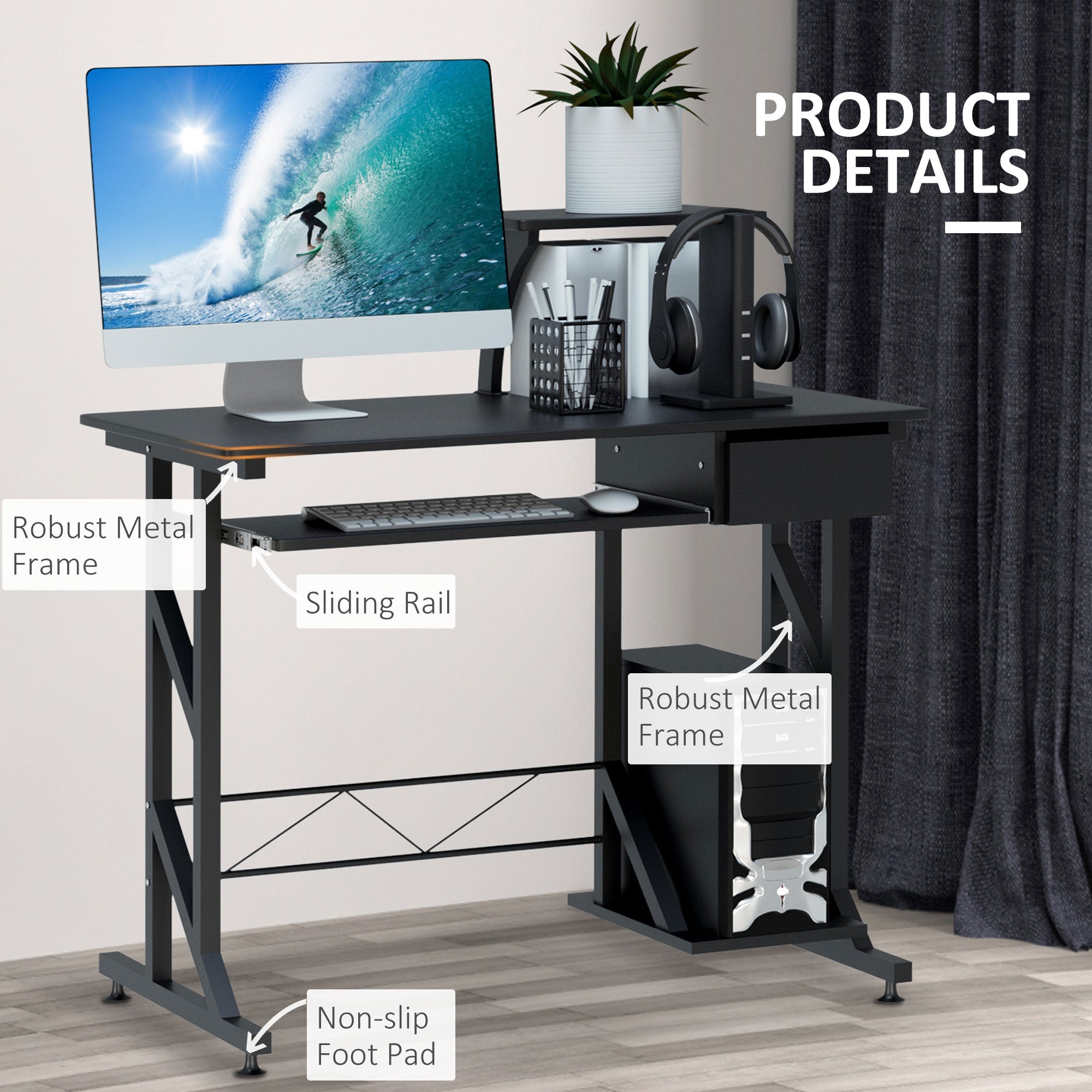 HOMCOM Compact Computer Desk with Keyboard Tray & Drawer in Black 35.4"Lx19.7"Wx37.4"H 