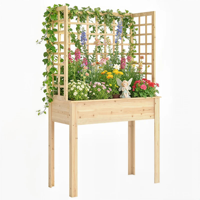 Wooden Raised Garden Bed with 3 Trellises, Outdoor Raised Planter with Drainage Holes