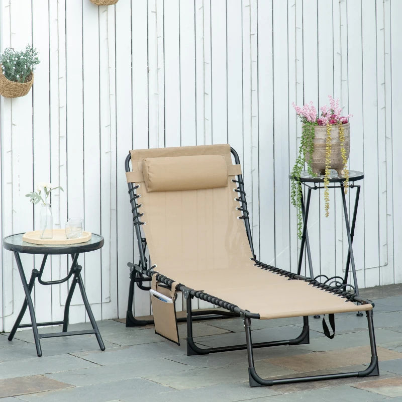 Outdoor Folding Chaise Lounge, Reclining Lounge Chair with Adjustable Backrest and Removable Pillow, Beige
