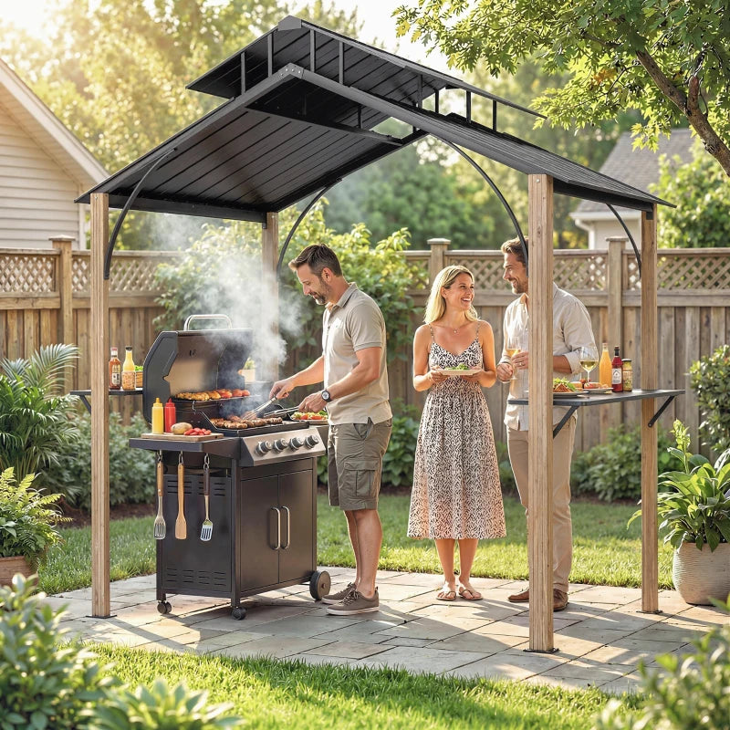 8 x 6ft Hardtop Grill Gazebo, BBQ Gazebo with Metal Double Roof, Outdoor Grill Canopy with Wood-Grain Aluminum Frame