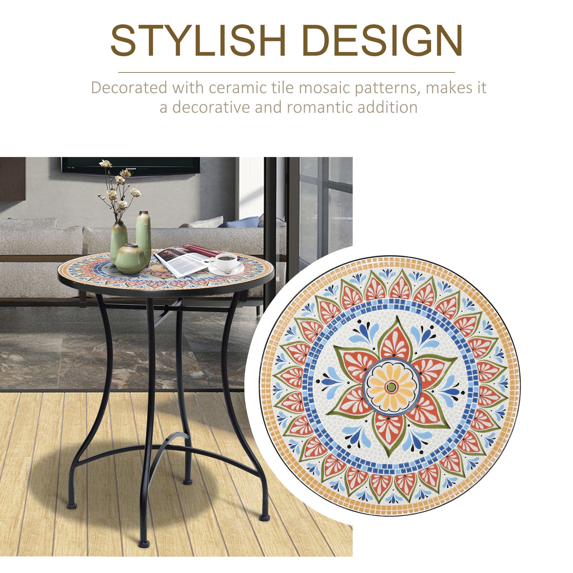 Outsunny Mosaic Patio Table, Round Coffee Table with Metal Frame, Garden Furniture for Outdoor, Poolside, Red 