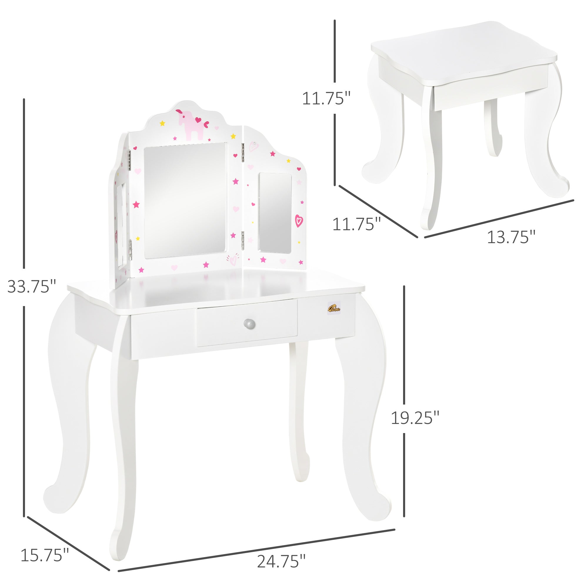 Qaba Girls Vanity Set Stool Dressing Table Tri-Fold Mirror Drawer Star Heart Design Makeup Desk White 