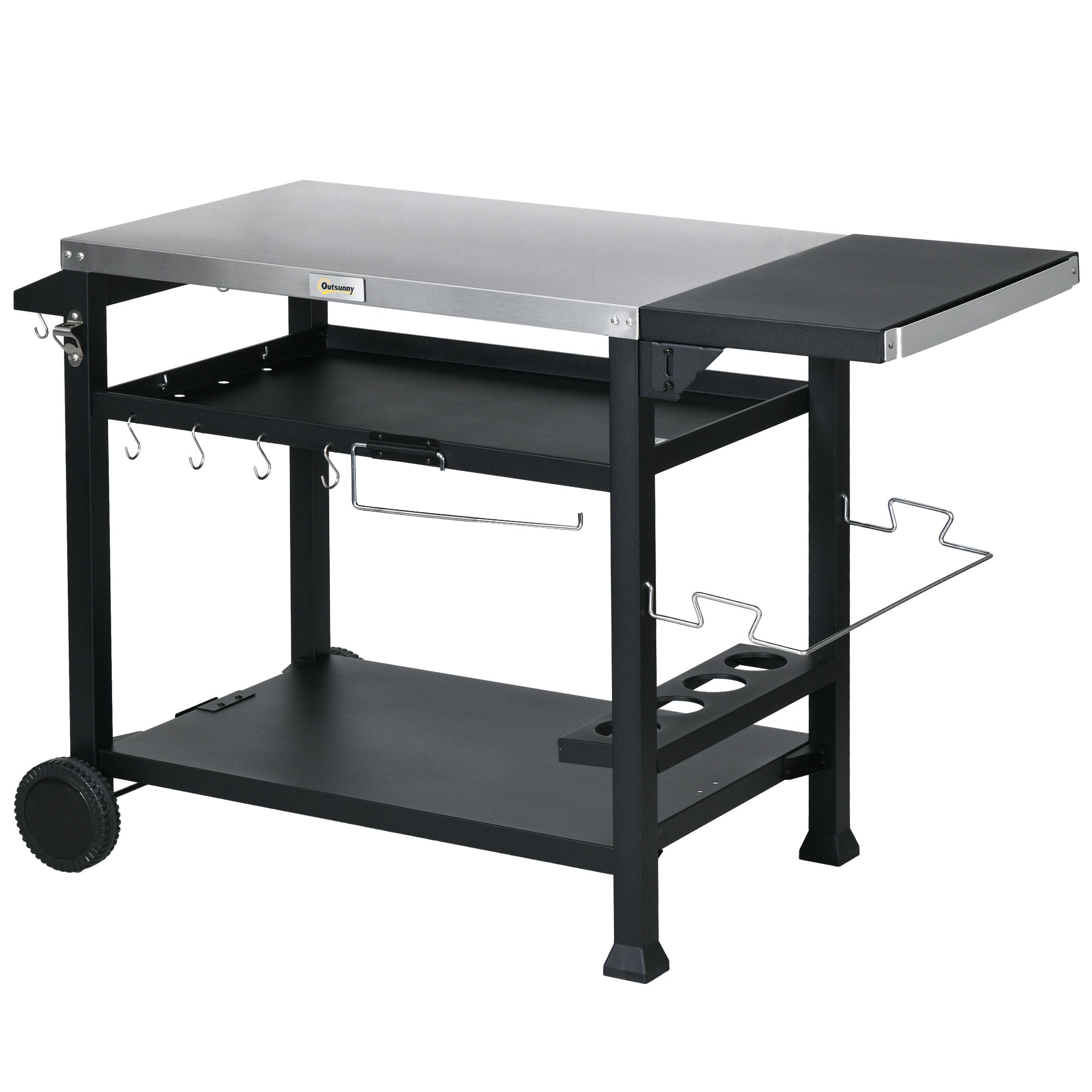 Outsunny Outdoor Grill Cart Table 3-Shelf, Foldable Side Table, Stainless Steel Top, Pizza Oven Stand, Mobile Kitchen Station 