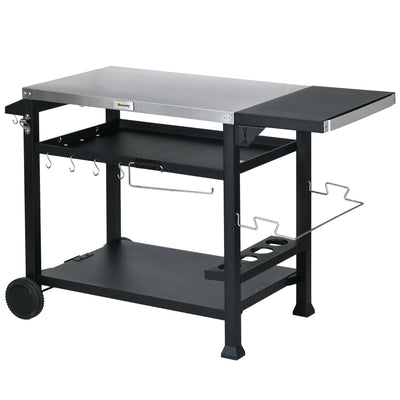 Outsunny Outdoor Grill Cart Table 3-Shelf, Foldable Side Table, Stainless Steel Top, Pizza Oven Stand, Mobile Kitchen Station 